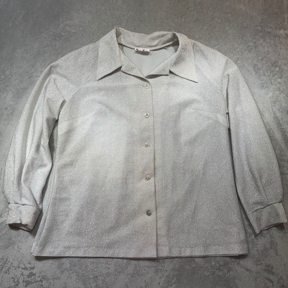 Vintage 70s Silver Metallic Shimmer Button Down Dagger Collar Disco Blouse XL